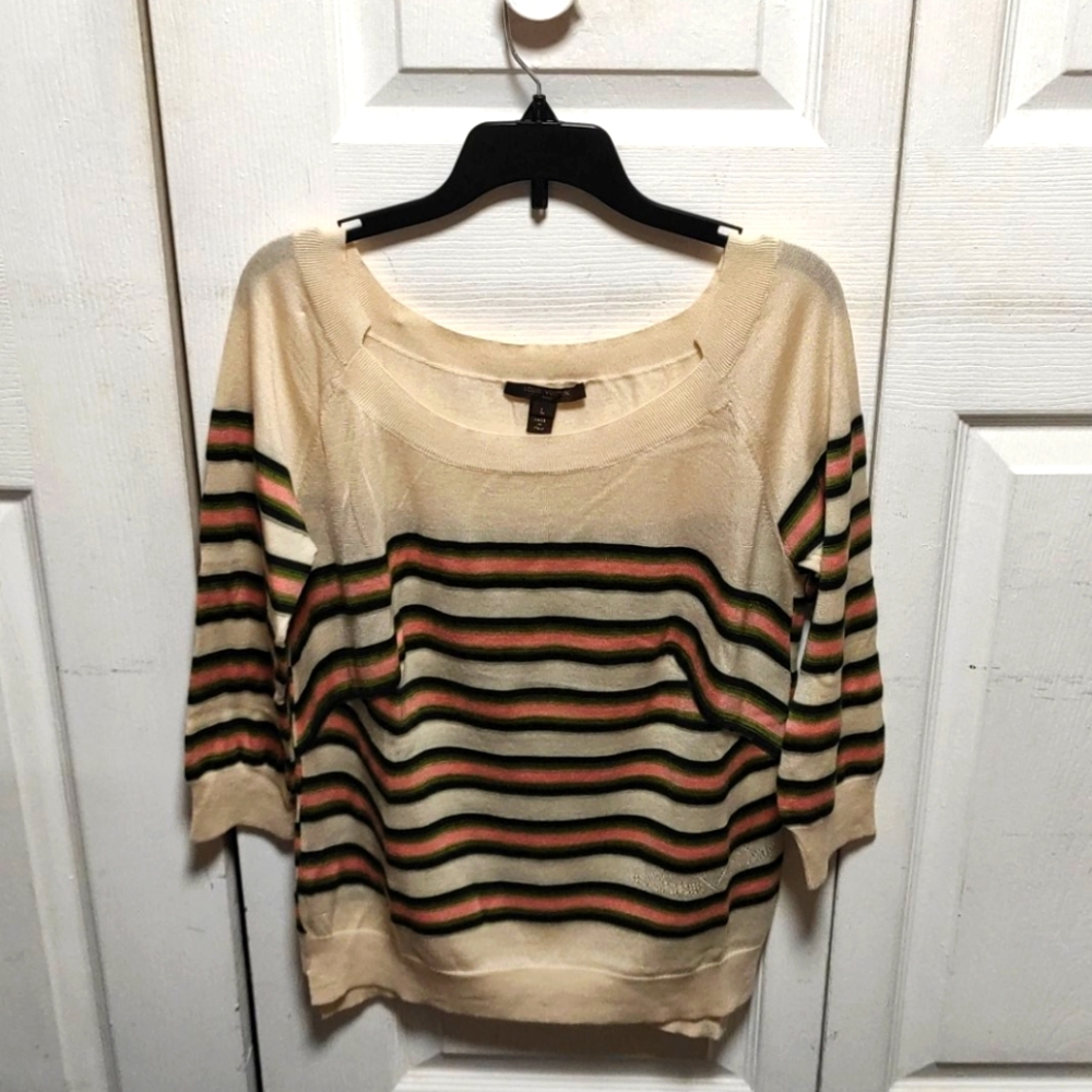 Beautiful lv Women's Wool Sweater, size L but can fit a M. Striped cream color.